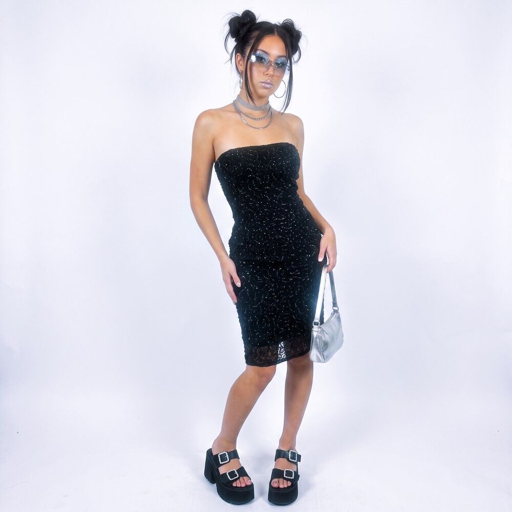 Y2K BODY BY VICTORIA Glam Black Sequin Strapless Bodycon Mini Formal Dress Sz 6